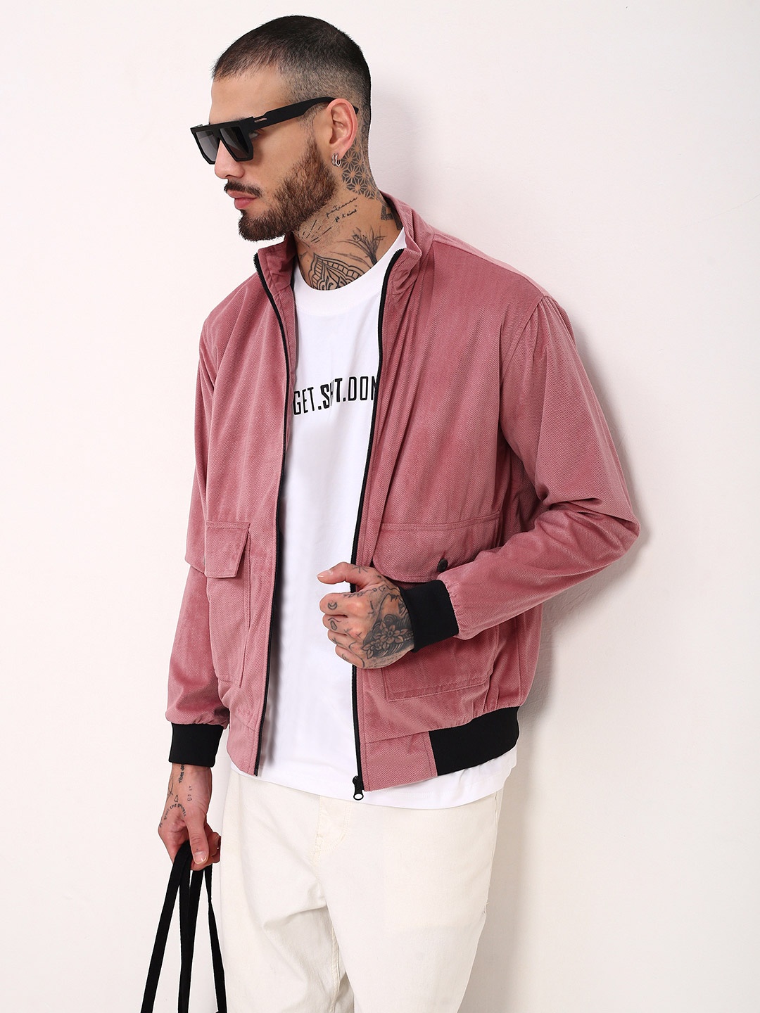 

SHOWOFF Men Mock Collar Solid Casual Windcheater Bomber Jacket, Pink