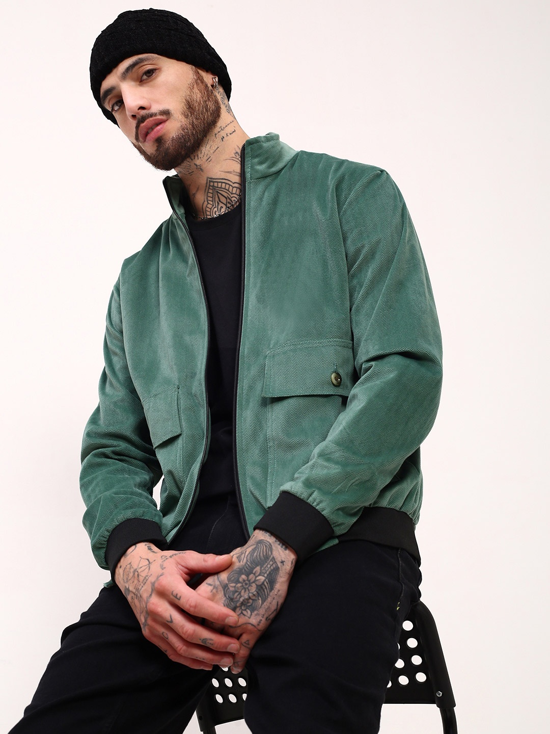 

SHOWOFF Men Mock Collar Solid Casual Windcheater Bomber Jacket, Teal