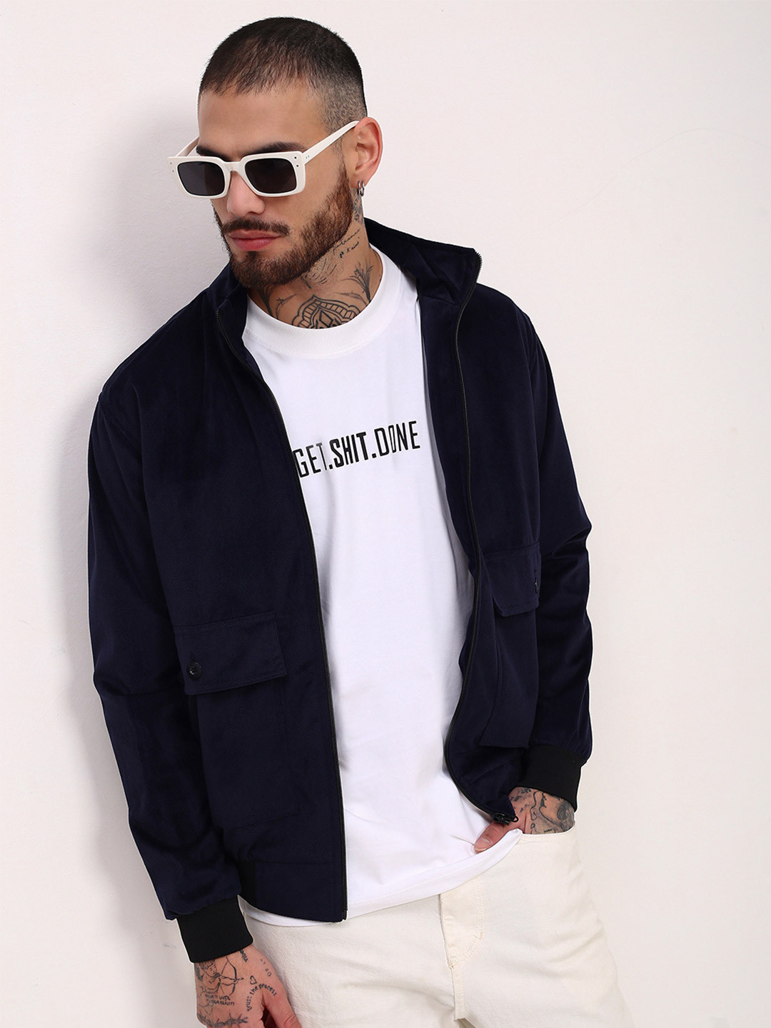 

SHOWOFF Men Mock Collar Solid Casual Bomber Windcheater Jacket, Navy blue