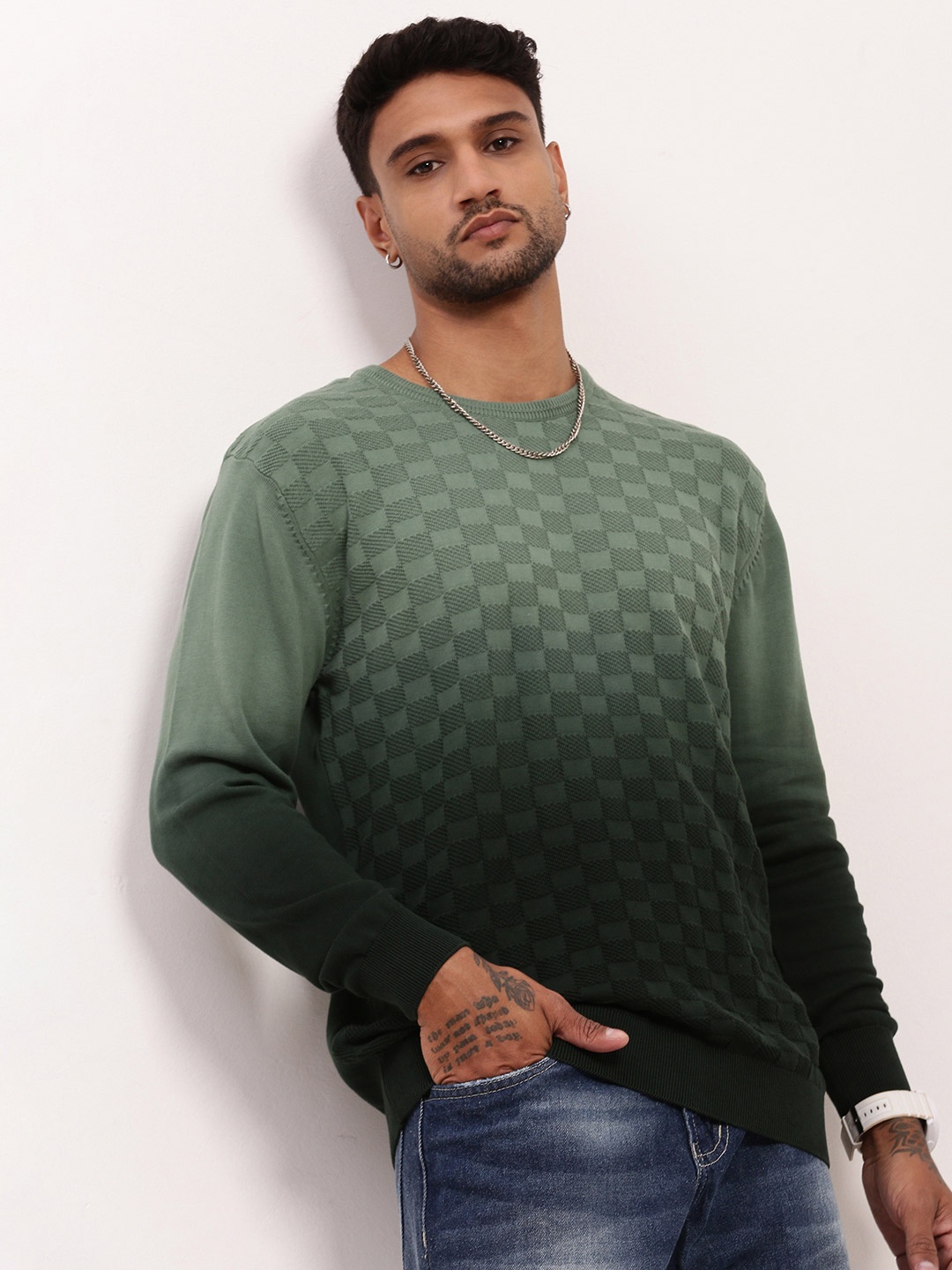 

SHOWOFF Men Cable Knit Round Neck Pullover, Green