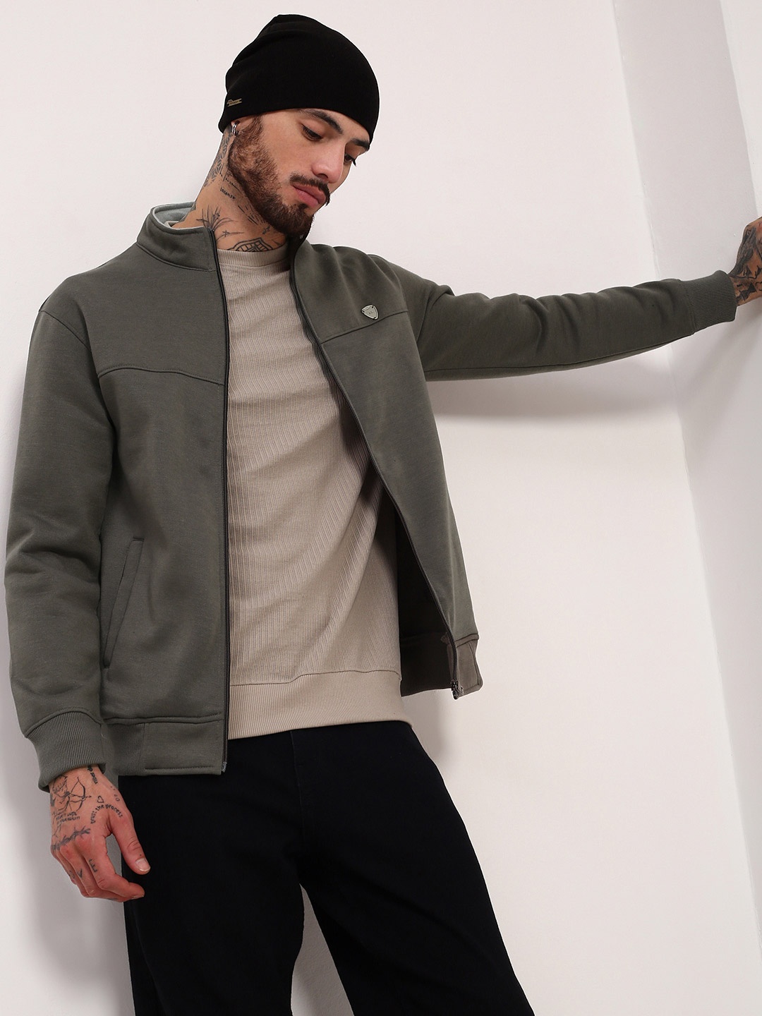 

SHOWOFF Men Mock Collar Cotton Sweatshirt, Olive