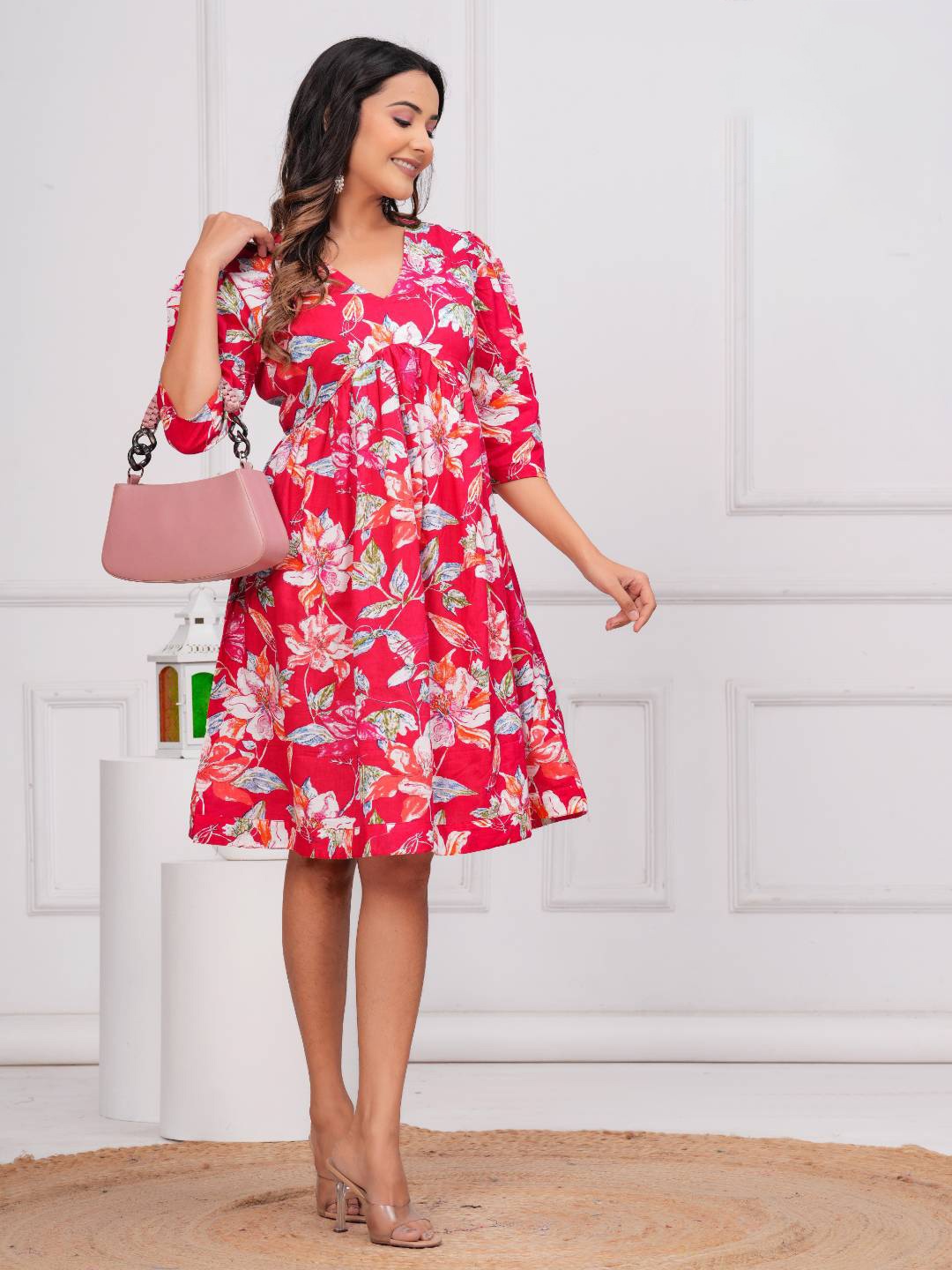 

WESTERN COTTON Women Floral Printed Cotton Fit & Flare Knee Length Dress, Red