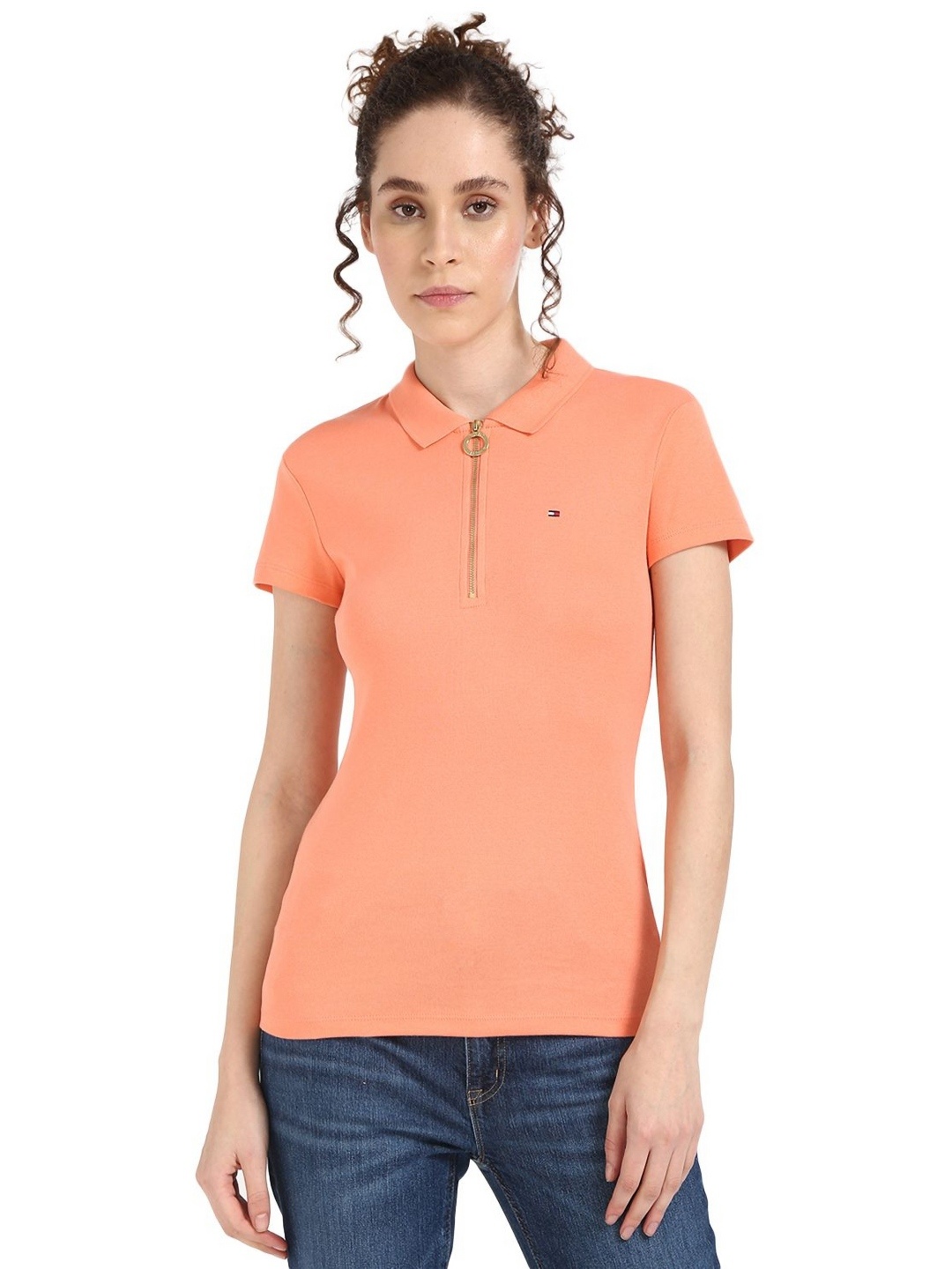 Tommy Hilfiger Women Solid Polo Collar Cotton T-shirt, Pink