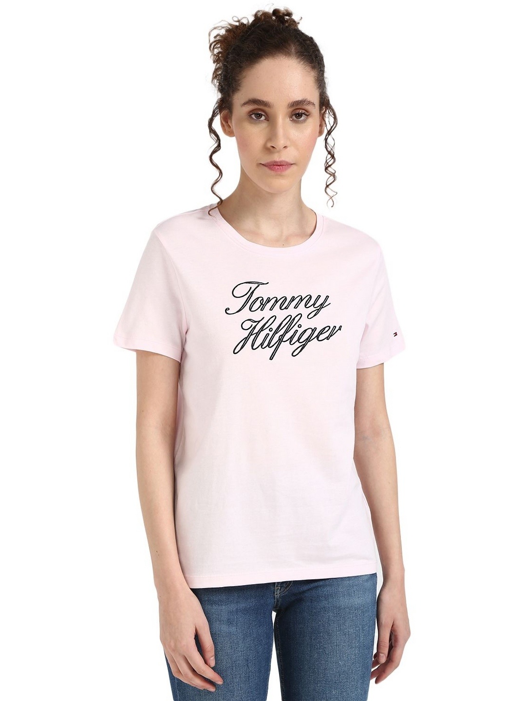 

Tommy Hilfiger Women Typography Printed Round Neck Cotton T-shirt, Pink