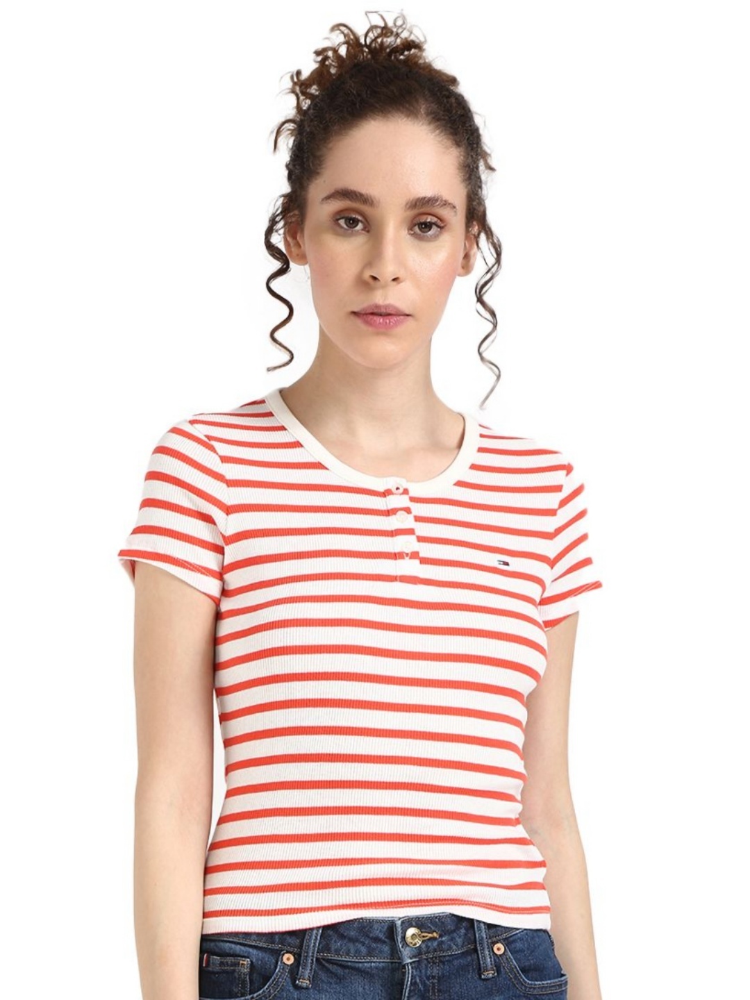 Tommy Hilfiger Women Striped Round Neck Cotton T-shirt, Off white