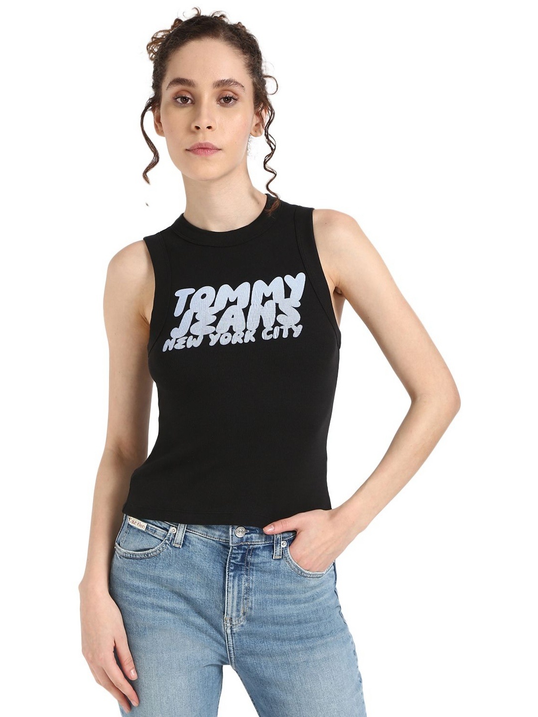 

Tommy Hilfiger Women Typography Printed Round Neck Cotton T-shirt, Black