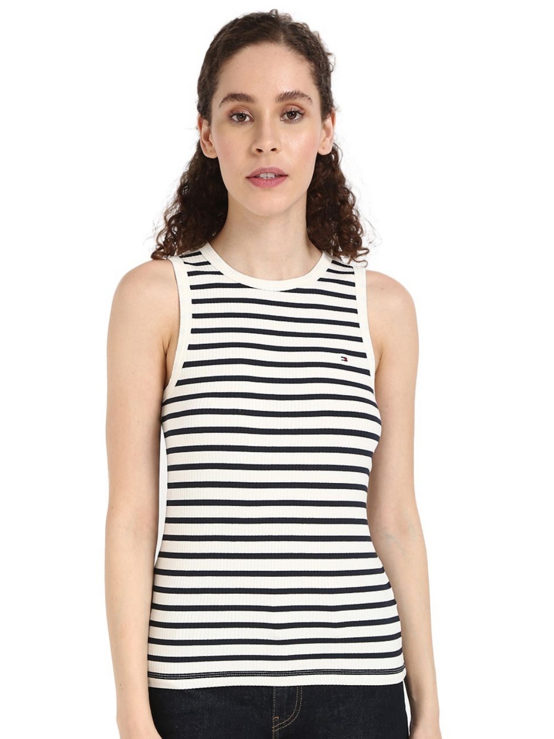 

Tommy Hilfiger Women Striped Round Neck Cotton T-shirt, White