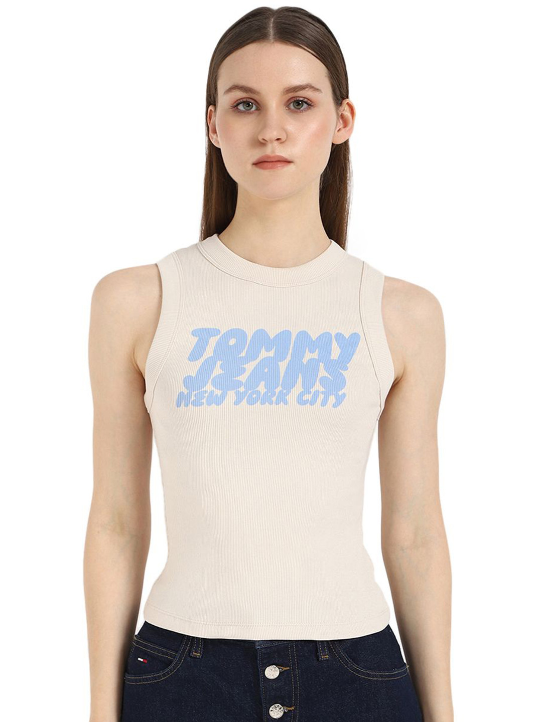 

Tommy Hilfiger Women Typography Printed Round Neck Cotton T-shirt, Beige