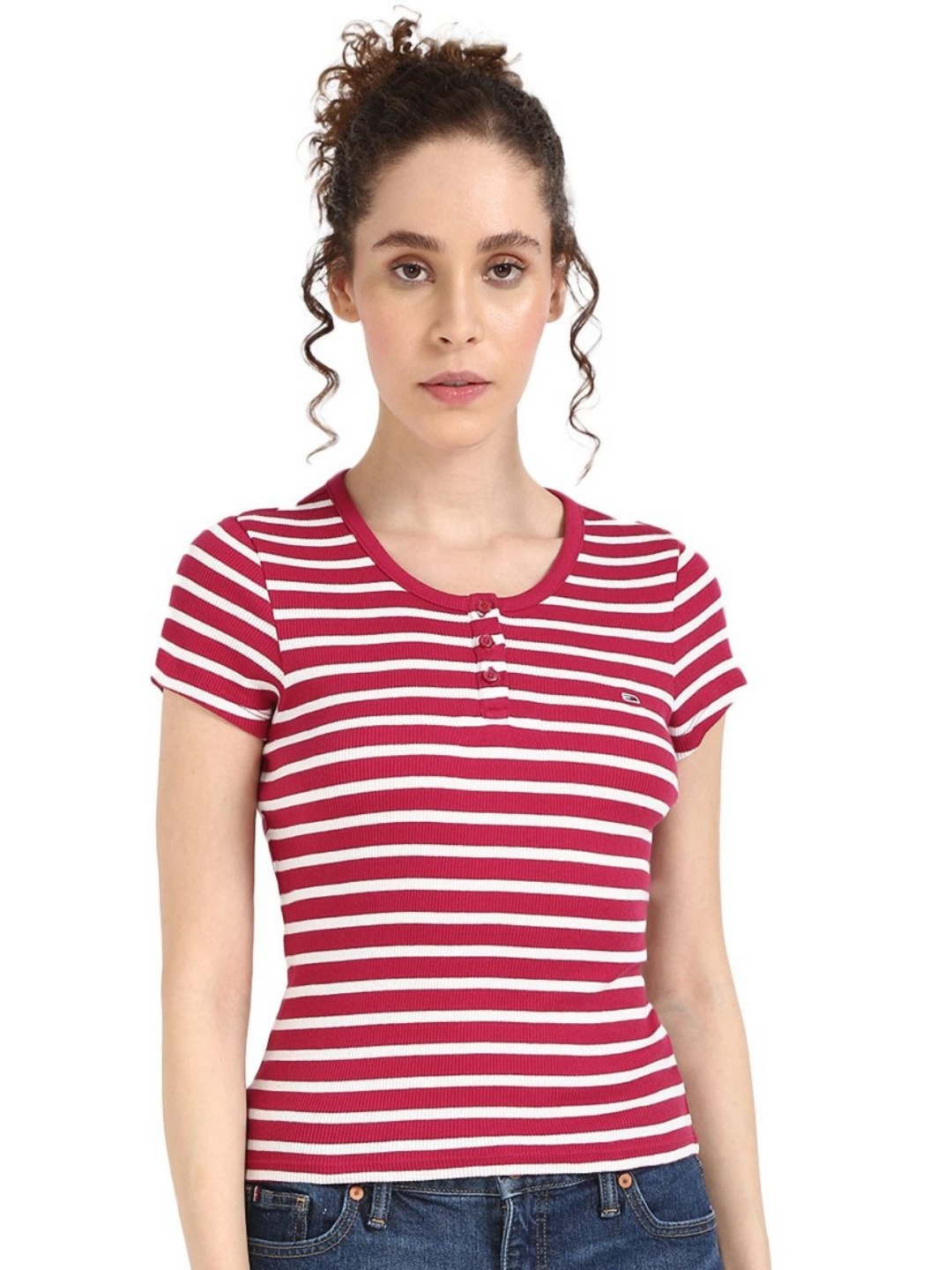 

Tommy Hilfiger Women Striped Round Neck Cotton T-shirt, White