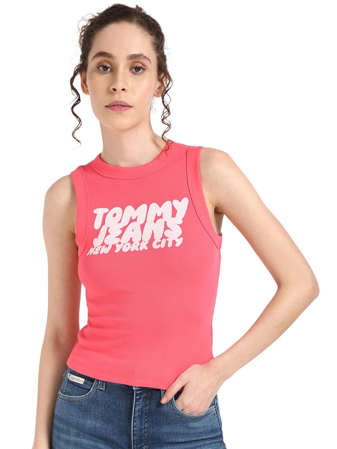 

Tommy Hilfiger Women TJW Typography Printed Round Neck Cotton Crop T-shirt, Pink