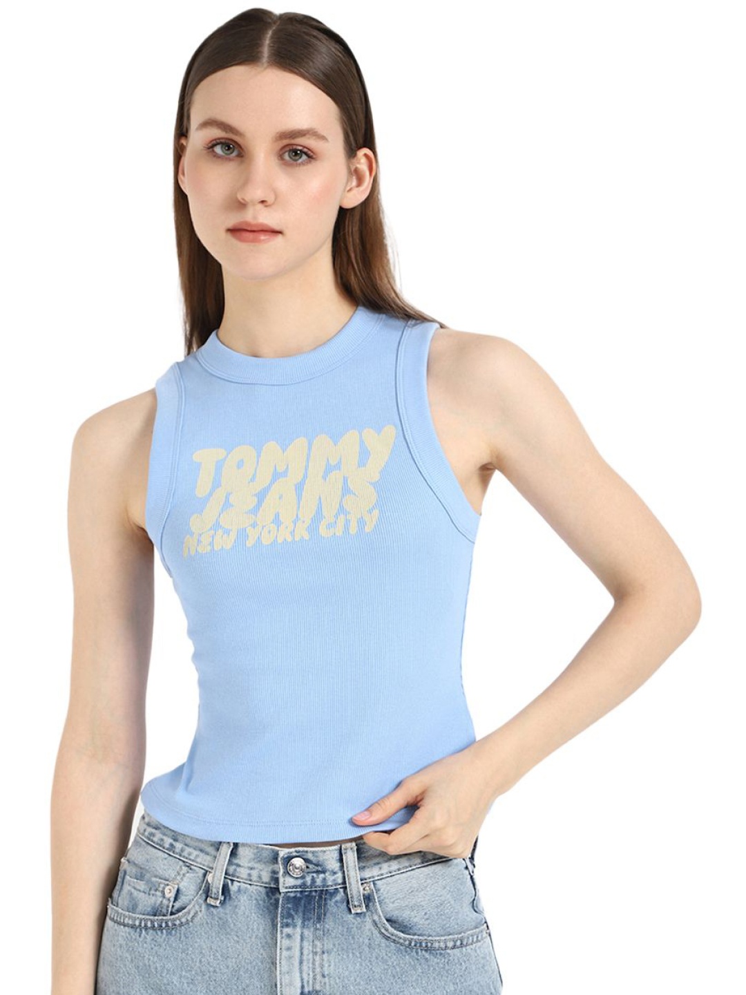 

Tommy Hilfiger Women Typography Printed Round Neck Cotton T-shirt, Blue