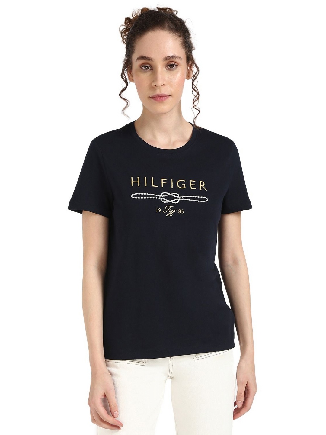 

Tommy Hilfiger Women Typography Printed Round Neck Cotton T-shirt, Navy blue