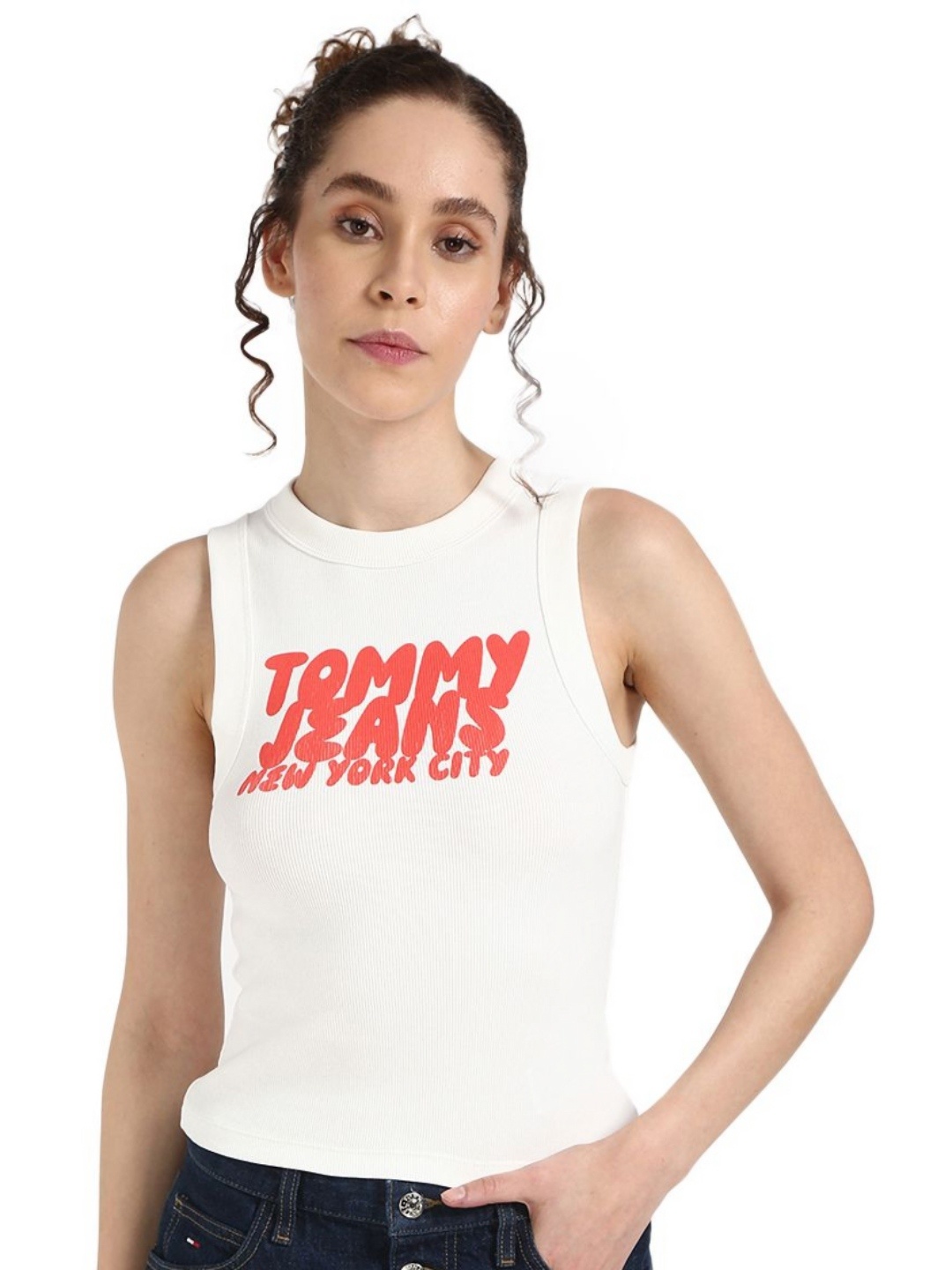 

Tommy Hilfiger Women Typography Printed Round Neck Cotton T-shirt, Off white