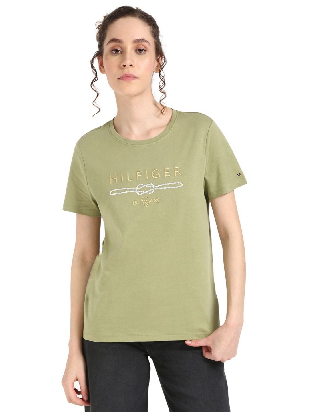 

Tommy Hilfiger Women Solid Round Neck Cotton T-shirt, Green