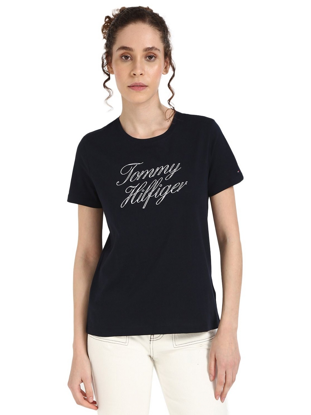 

Tommy Hilfiger Women Typography Printed Round Neck Cotton T-shirt, Navy blue