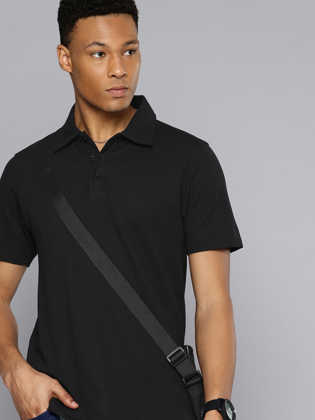 

R.Code by The Roadster Life Co. Self Designed Polo Collar T-shirt, Black