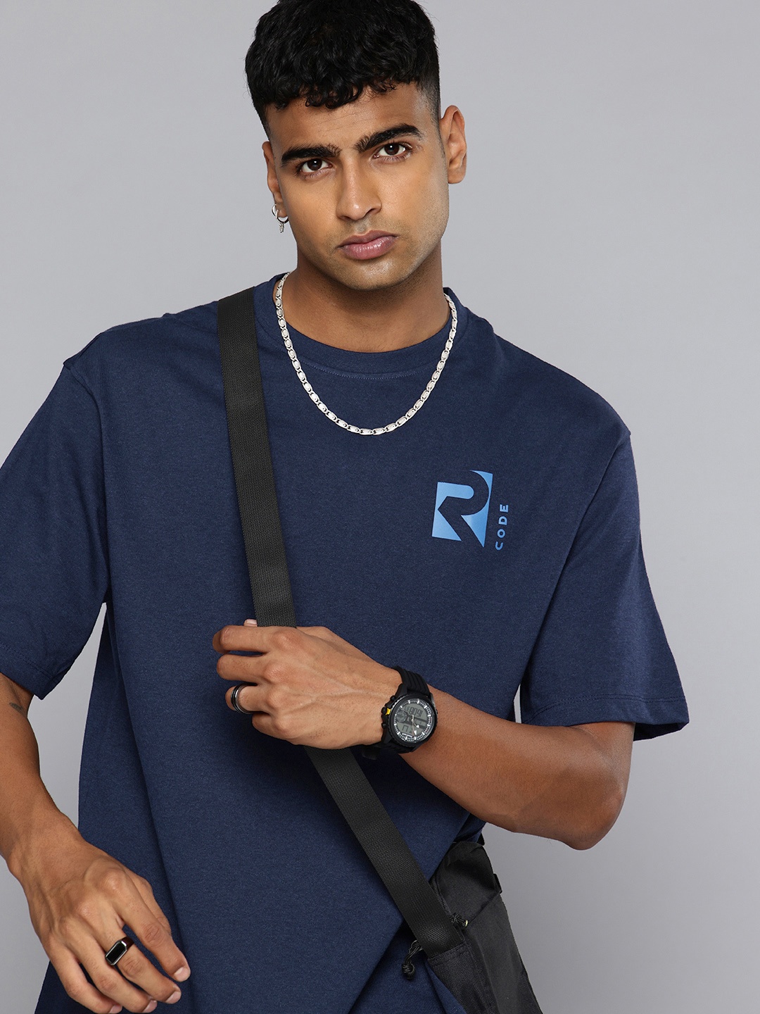 

R.Code by The Roadster Life Co. Drop-Shoulder Sleeves Relaxed Fit T-shirt, Navy blue