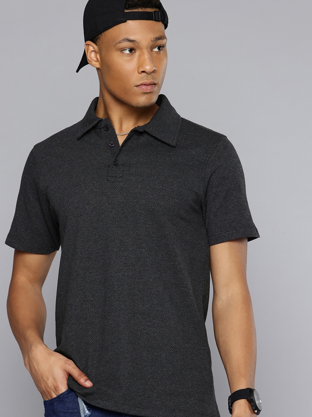 

R.Code by The Roadster Life Co. Textured Polo Collar Relaxed Fit T-shirt, Charcoal