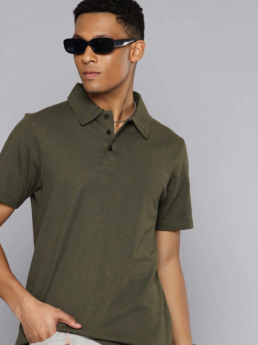 

R.Code by The Roadster Life Co. Textured Polo Collar Relaxed T-shirt, Olive