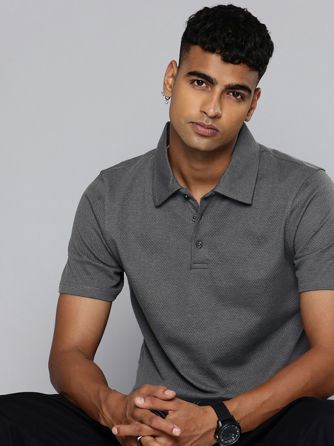

R.Code by The Roadster Life Co. Textured Polo Collar Relaxed Fit T-shirt, Grey