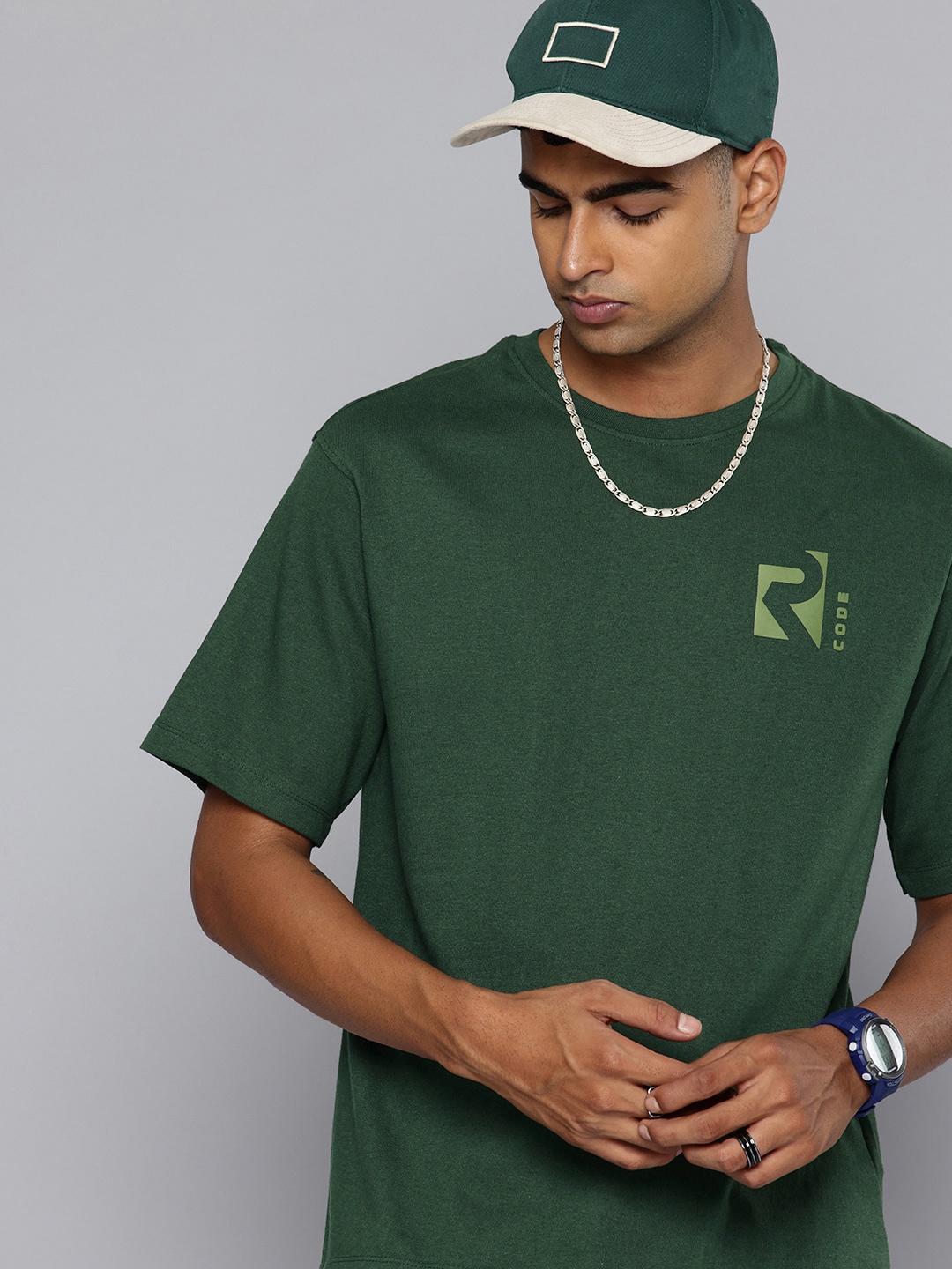 

R.Code by The Roadster Life Co. Drop-Shoulder Sleeves Relaxed Fit T-shirt, Green