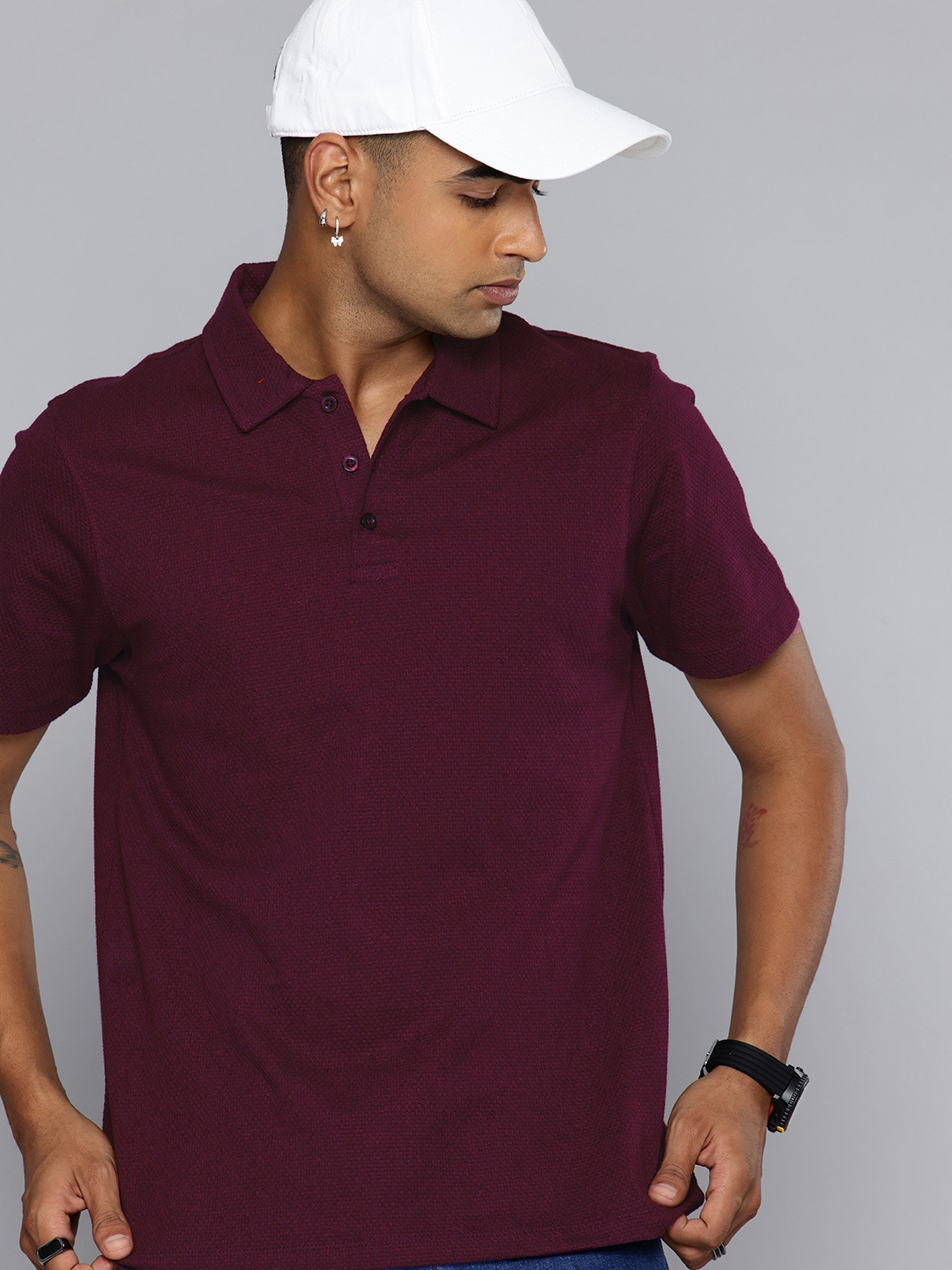 

R.Code by The Roadster Life Co. Textured Polo Collar Relaxed T-shirt, Burgundy