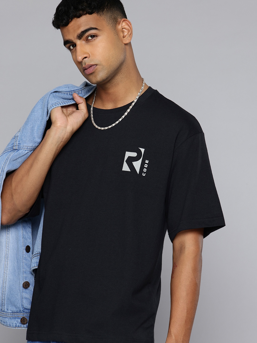 

R.Code by The Roadster Life Co. Drop-Shoulder Sleeves Relaxed Fit T-shirt, Black