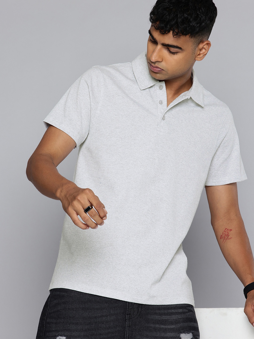 

R.Code by The Roadster Life Co. Self Designed Polo Collar T-shirt, Grey