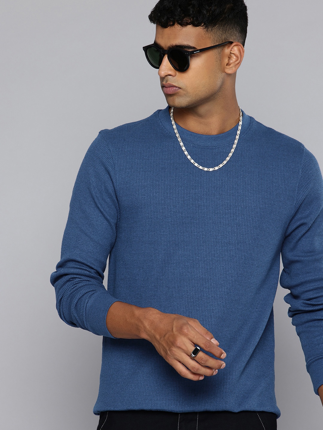 

R.Code by The Roadster Life Co. Waffle Textured Round Neck Relaxed Fit T-shirt, Blue
