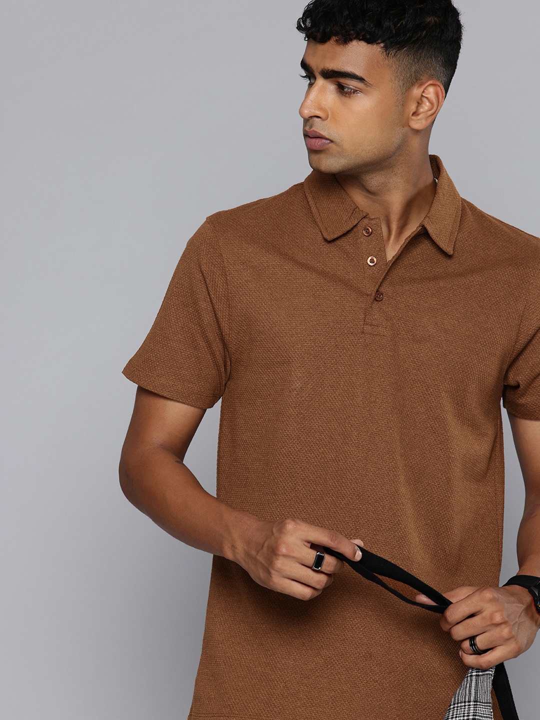

R.Code by The Roadster Life Co. Textured Polo Collar Relaxed Fit T-shirt, Brown