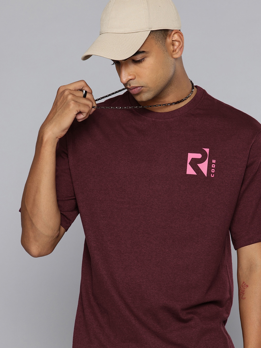 

R.Code by The Roadster Life Co. Drop-Shoulder Sleeves Relaxed Fit T-shirt, Burgundy