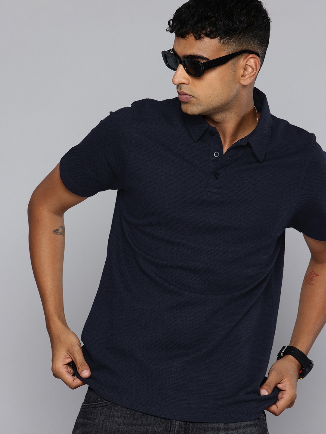 

R.Code by The Roadster Life Co. Self Designed Polo Collar T-shirt, Navy blue