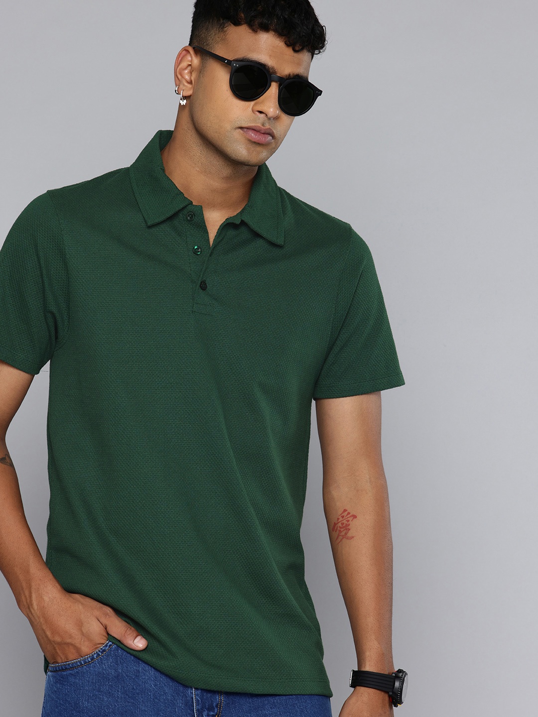R.Code by The Roadster Life Co. Self Designed Polo Collar T-shirt, Green