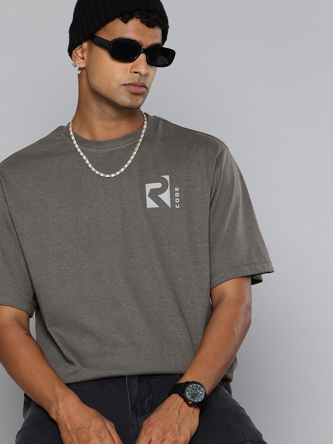 

R.Code by The Roadster Life Co. Drop-Shoulder Sleeves Relaxed Fit T-shirt, Grey