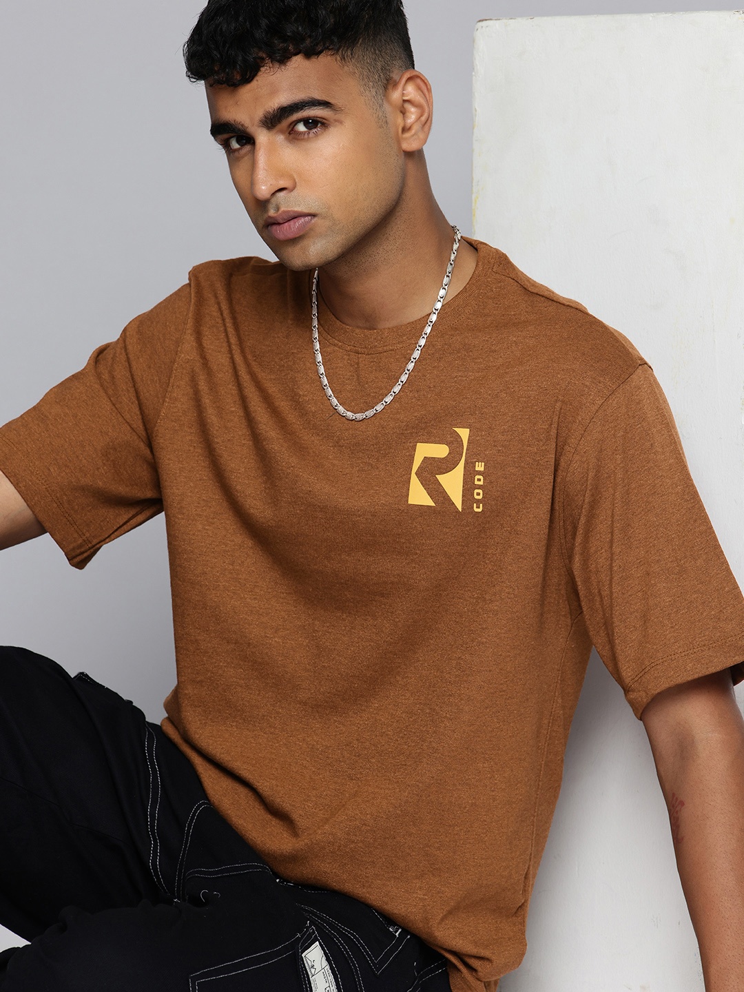 

R.Code by The Roadster Life Co. Drop-Shoulder Sleeves Relaxed Fit T-shirt, Brown