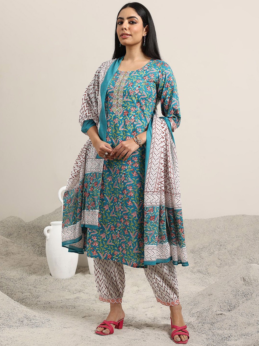 

Libas Women Floral Printed Regular Sequinned Pure Cotton Kurta with Salwar & With Dupatta, Blue