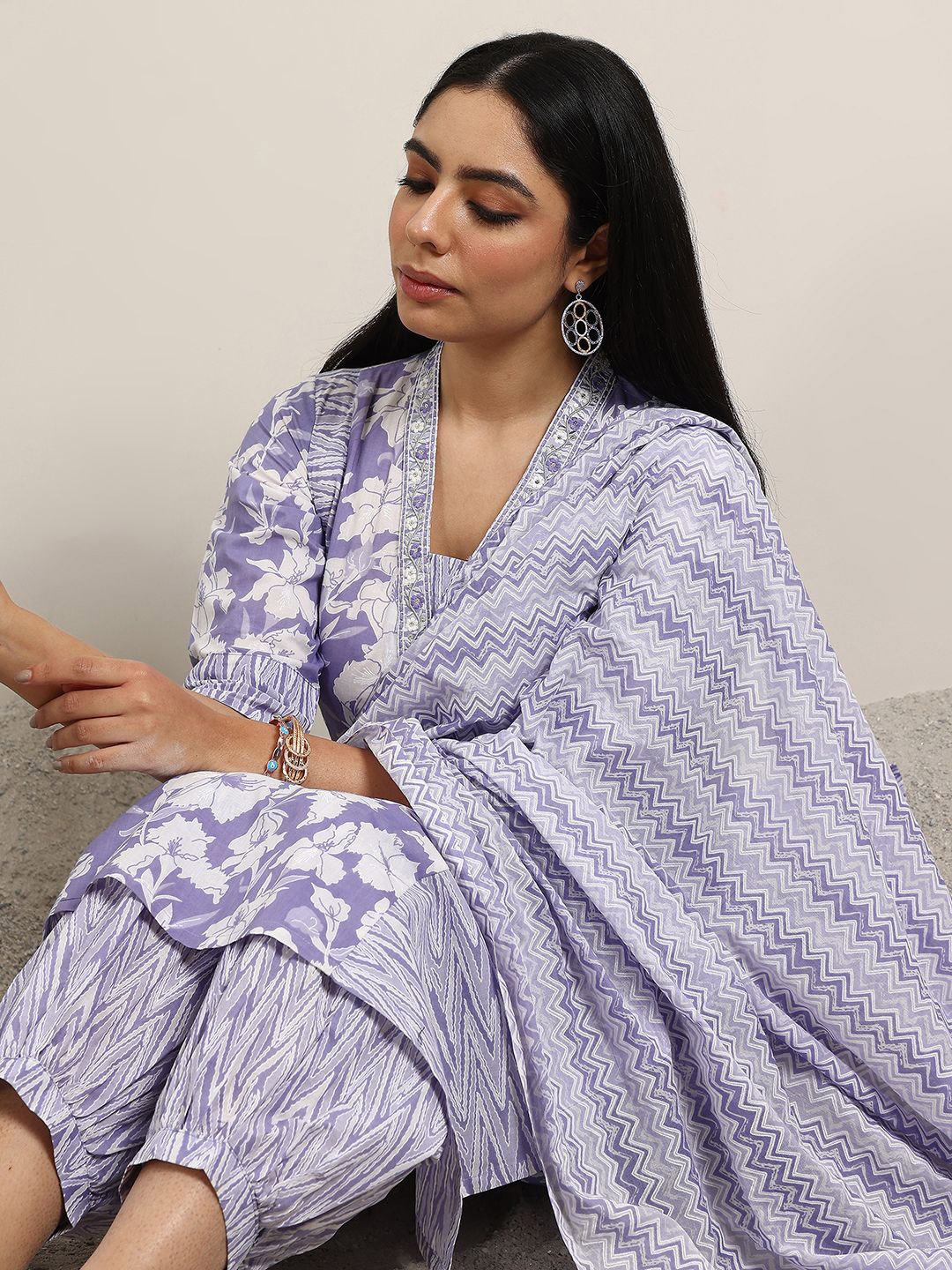 

Libas Floral Printed V Neck Pure Cotton Straight Kurta With Salwar And Dupatta, Lavender