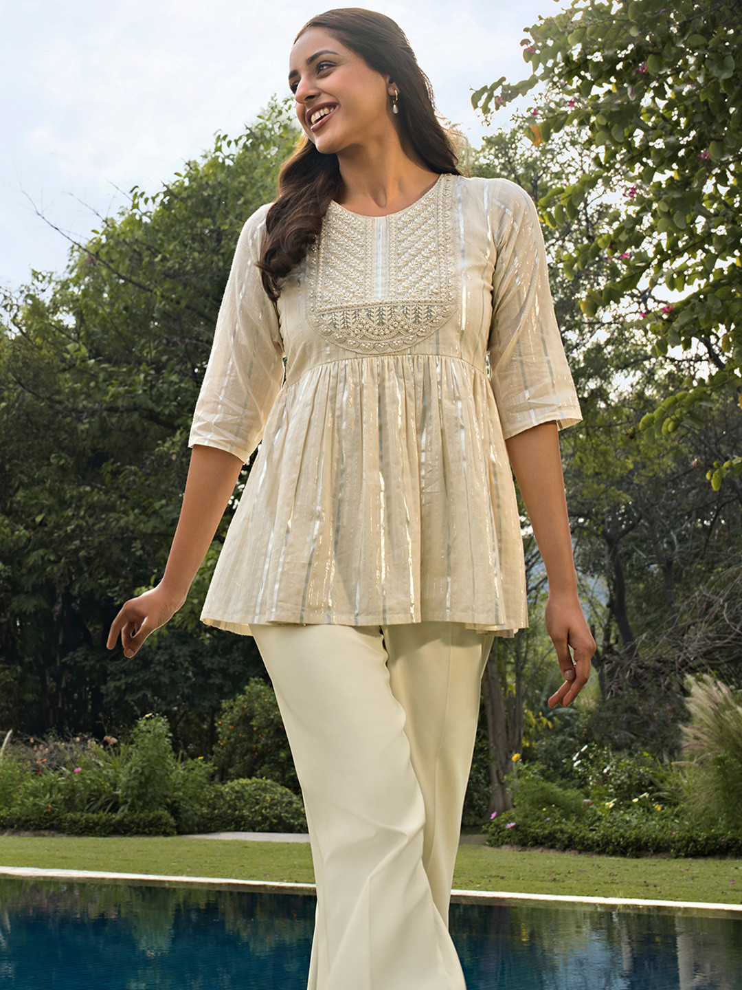 

Libas Thread Work Pure Cotton Anarkali Kurti, Off white