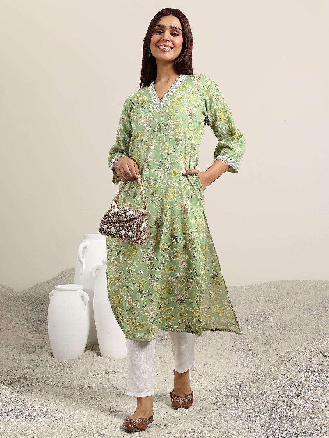 Libas Floral Printed V-Neck Straight Kurta, Green