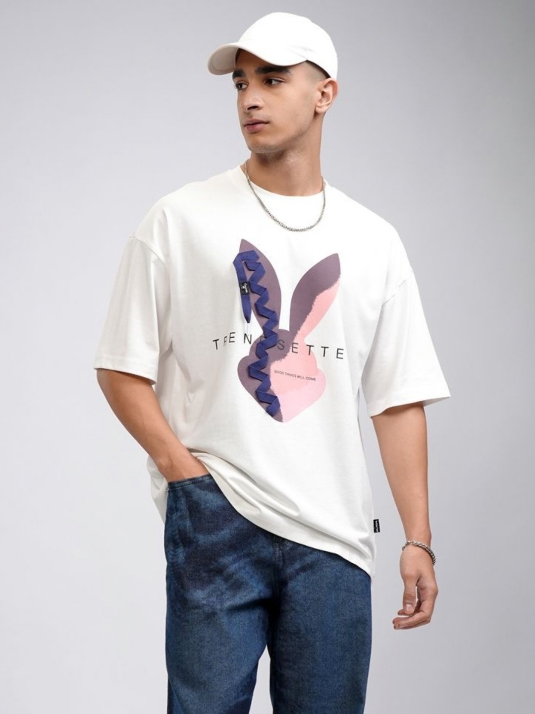 

HIGHLANDER Men Printed Round Neck Dropshoulder Oversized Lace Tshirt, White