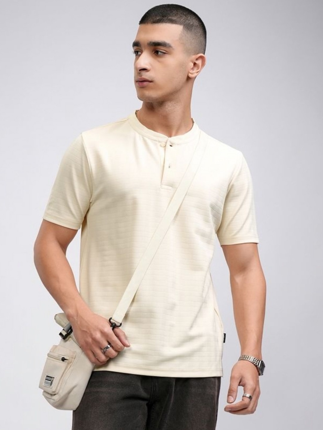 

HIGHLANDER Men Henley Knitted Textured Relaxed Fit Tshirt, Cream