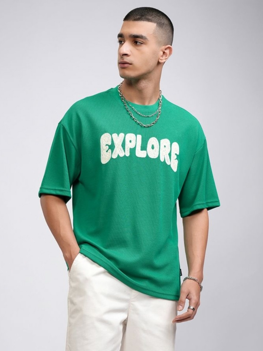 

HIGHLANDER Men Round Neck Dropshoulder Oversized Tshirt, Green