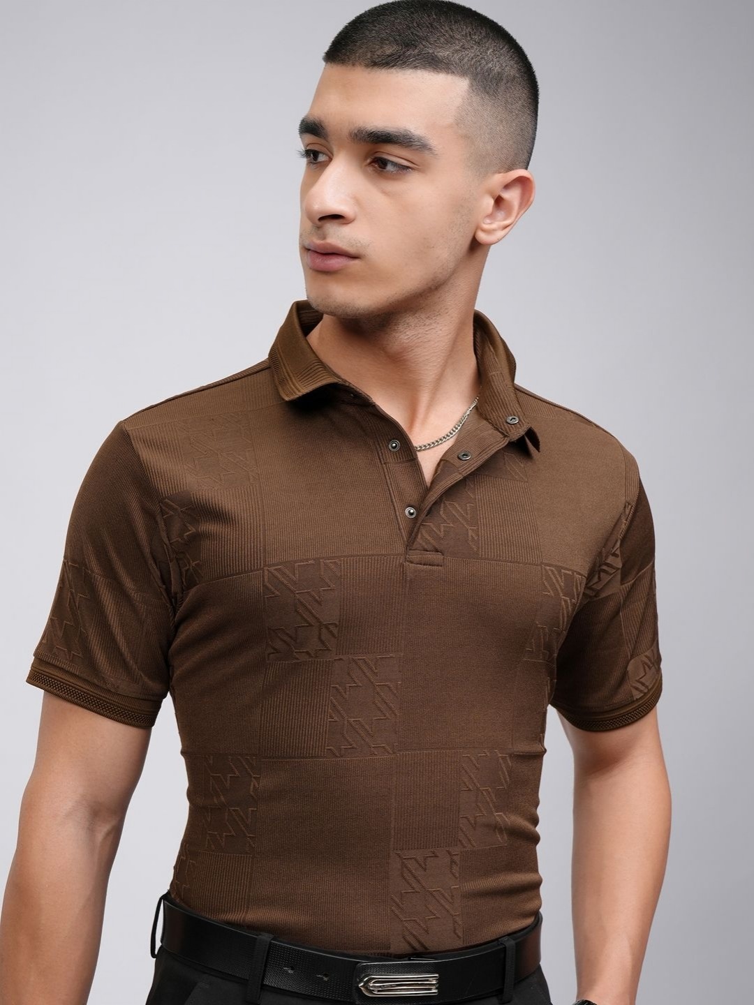 

HIGHLANDER Men Knitted Textured Polo Tshirt, Brown