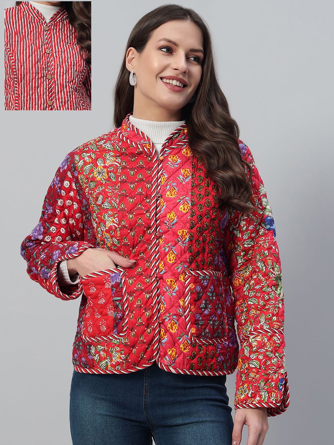 

HANDICRAFT PALACE Women Floral Printed Cotton Casual Tailored Reversible Jacket, Red