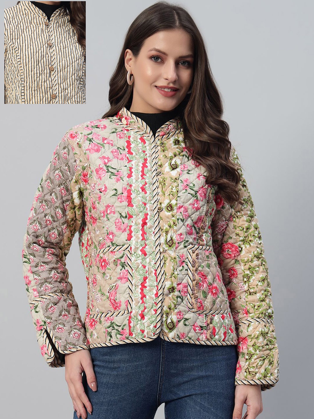 

HANDICRAFT PALACE Women Floral Printed Cotton Casual Reversible Tailored Jacket, Beige