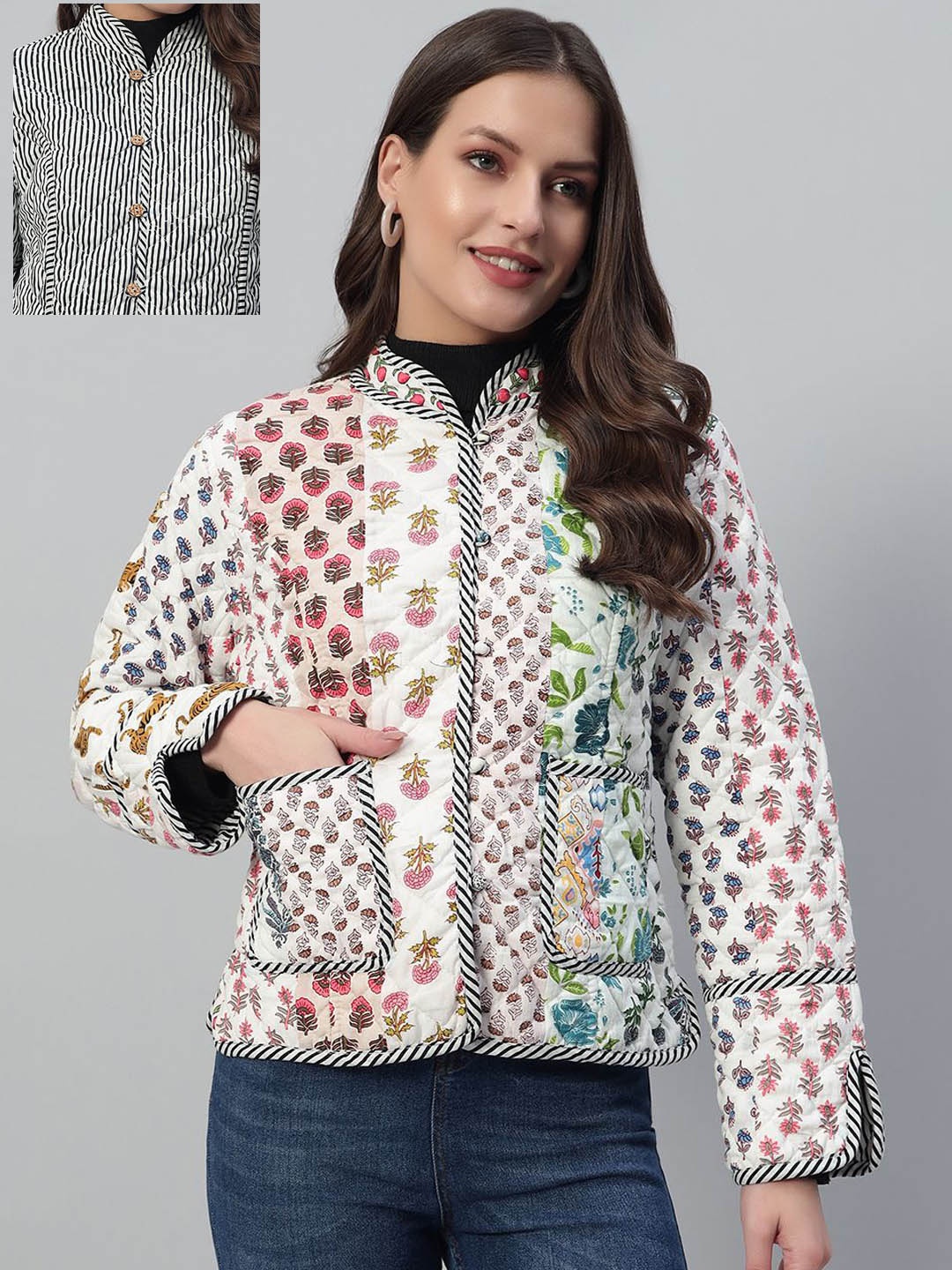 

HANDICRAFT PALACE Women Floral Printed Cotton Casual Tailored Reversible Jacket, White