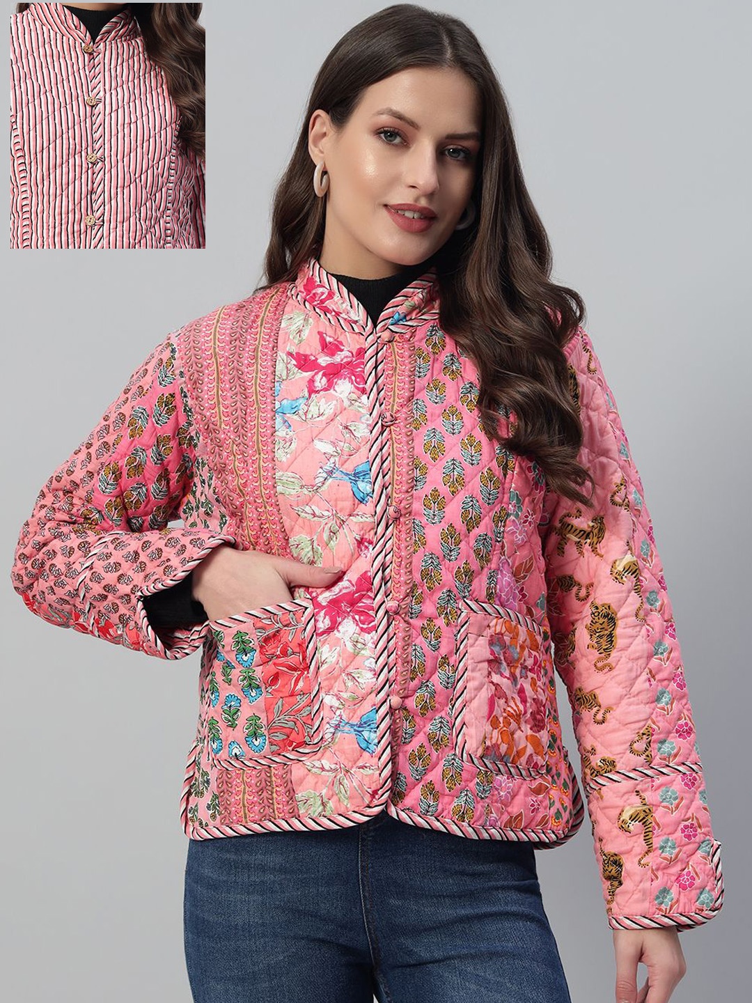 

HANDICRAFT PALACE Women Floral Printed Cotton Casual Reversible Tailored Jacket, Pink