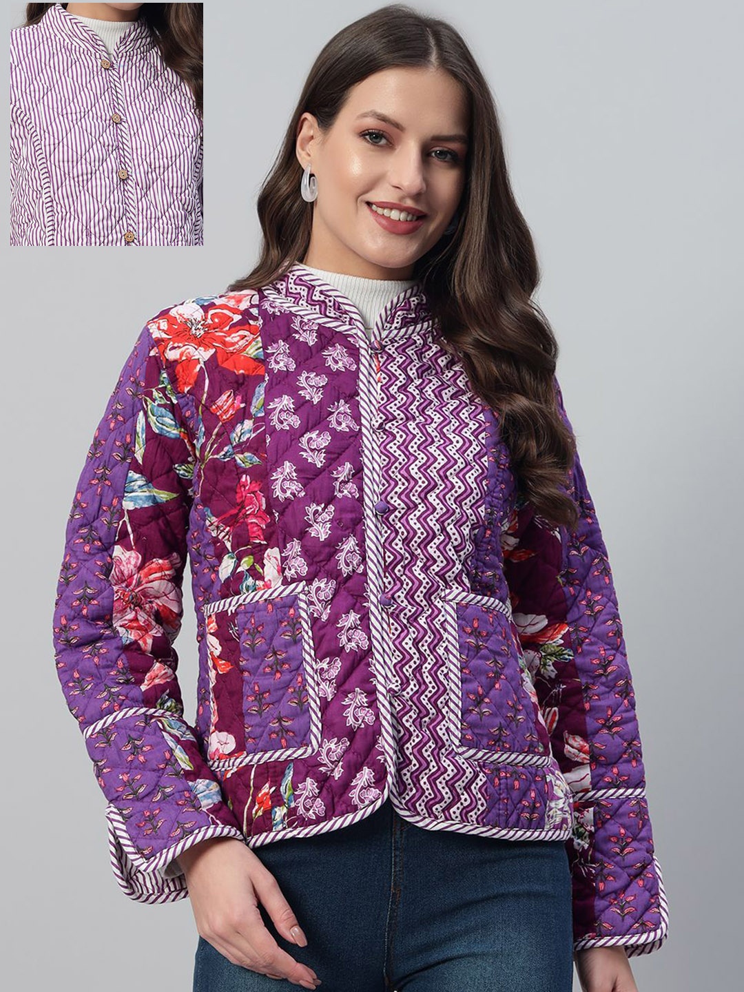 

HANDICRAFT PALACE Women Floral Printed Cotton Casual Tailored Reversible Jacket, Purple