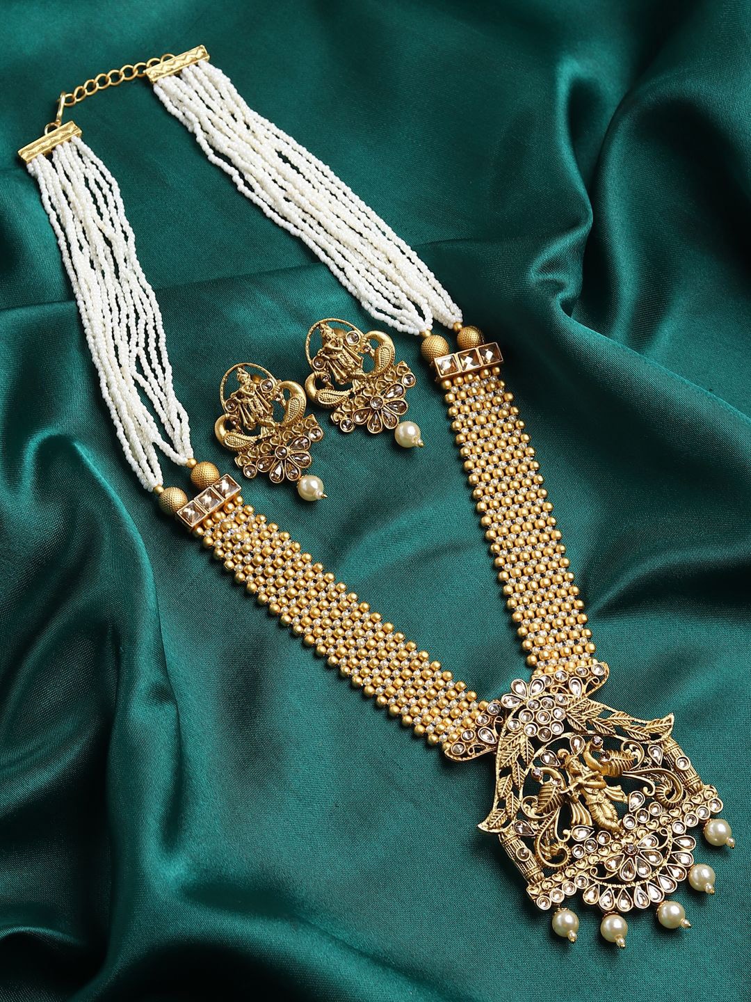 

RHOSYN Gold-Plated Stone-Studded & Beaded Temple Jewellery Set