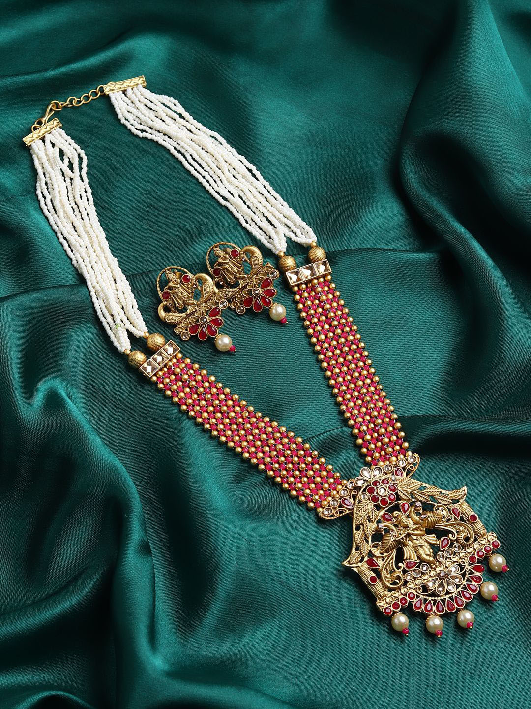 

RHOSYN Gold-Plated Artificial Stone-Studded & Beaded Temple Jewellery Set